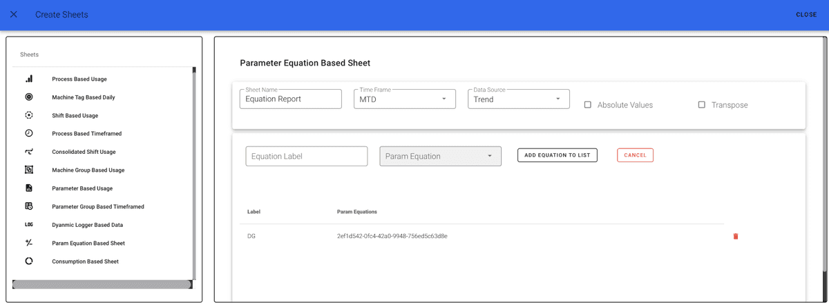 Parameter Equation Sheet List