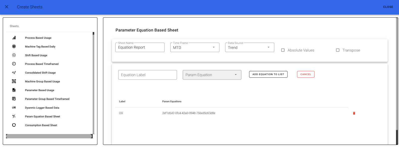 Parameter Equation Sheet