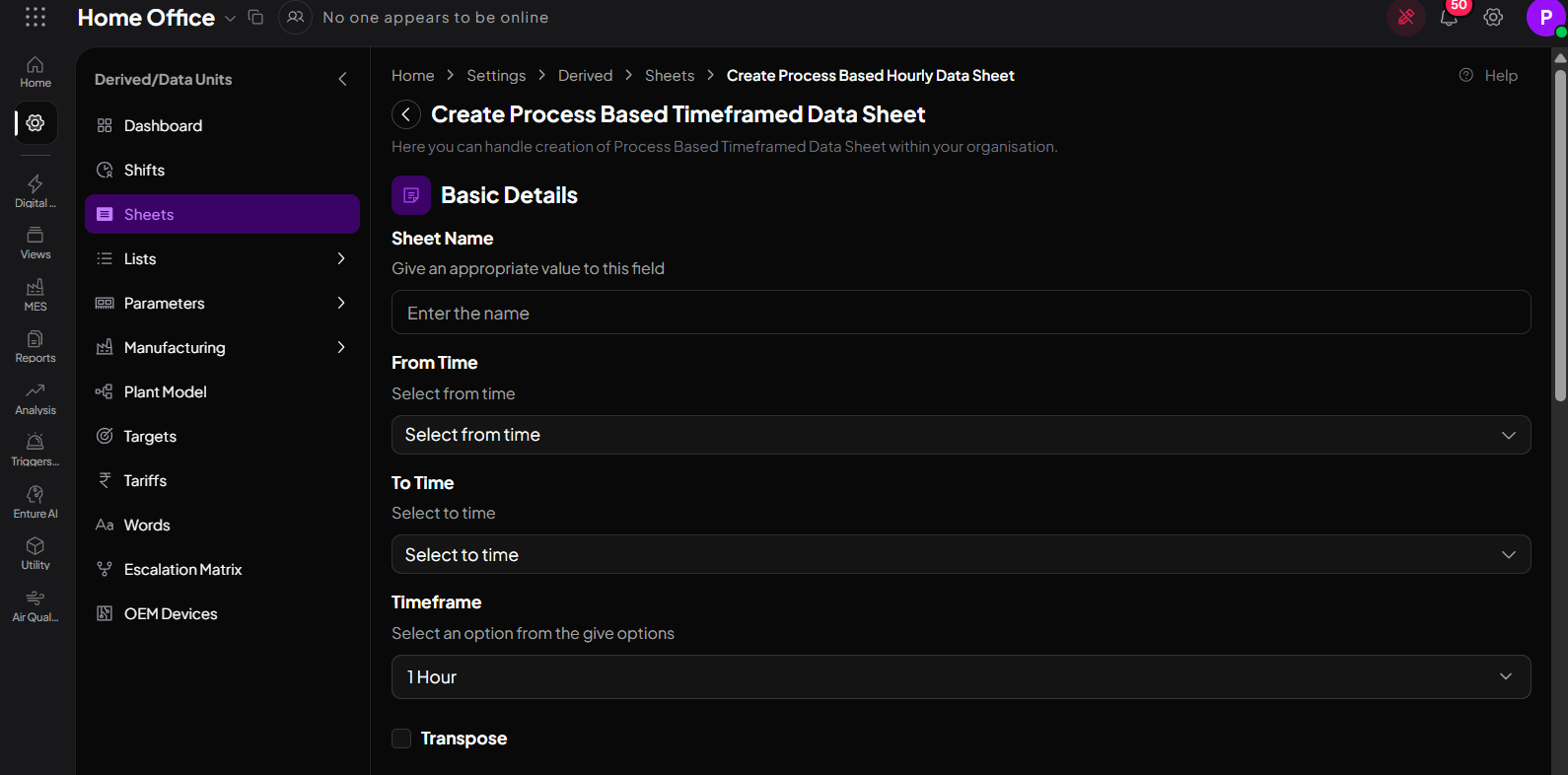 Process Based Time Framed Usage Sheet Form