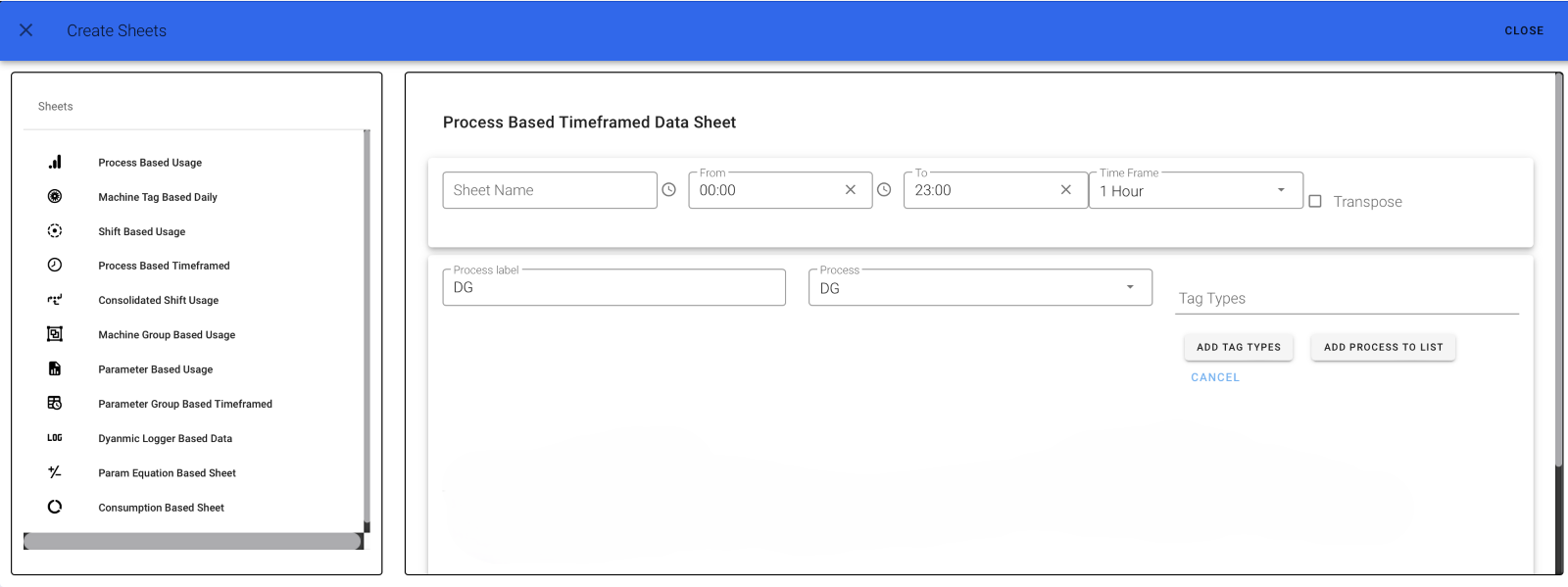Process Based Time Framed Usage Sheet List