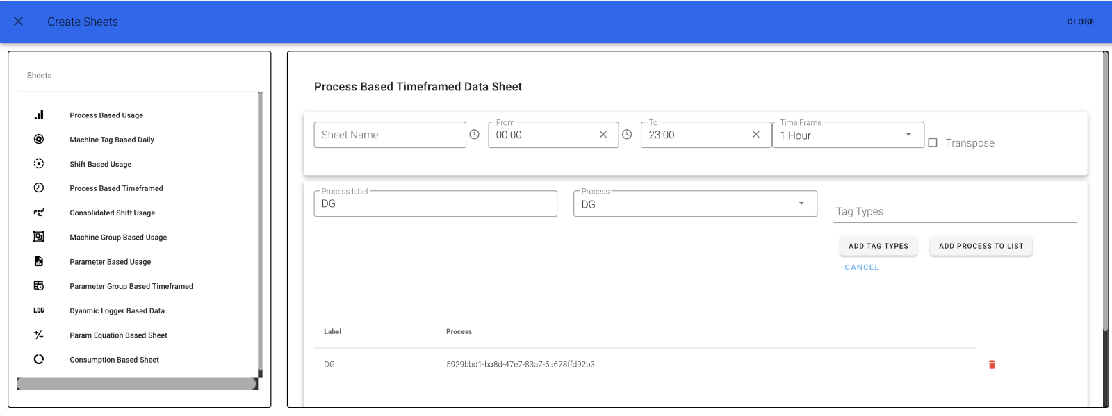 Process Based Time Framed Usage Sheet with Tags