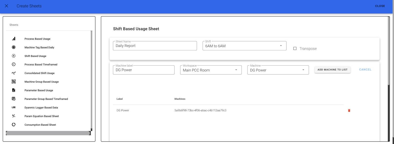 Shift Based Machine List