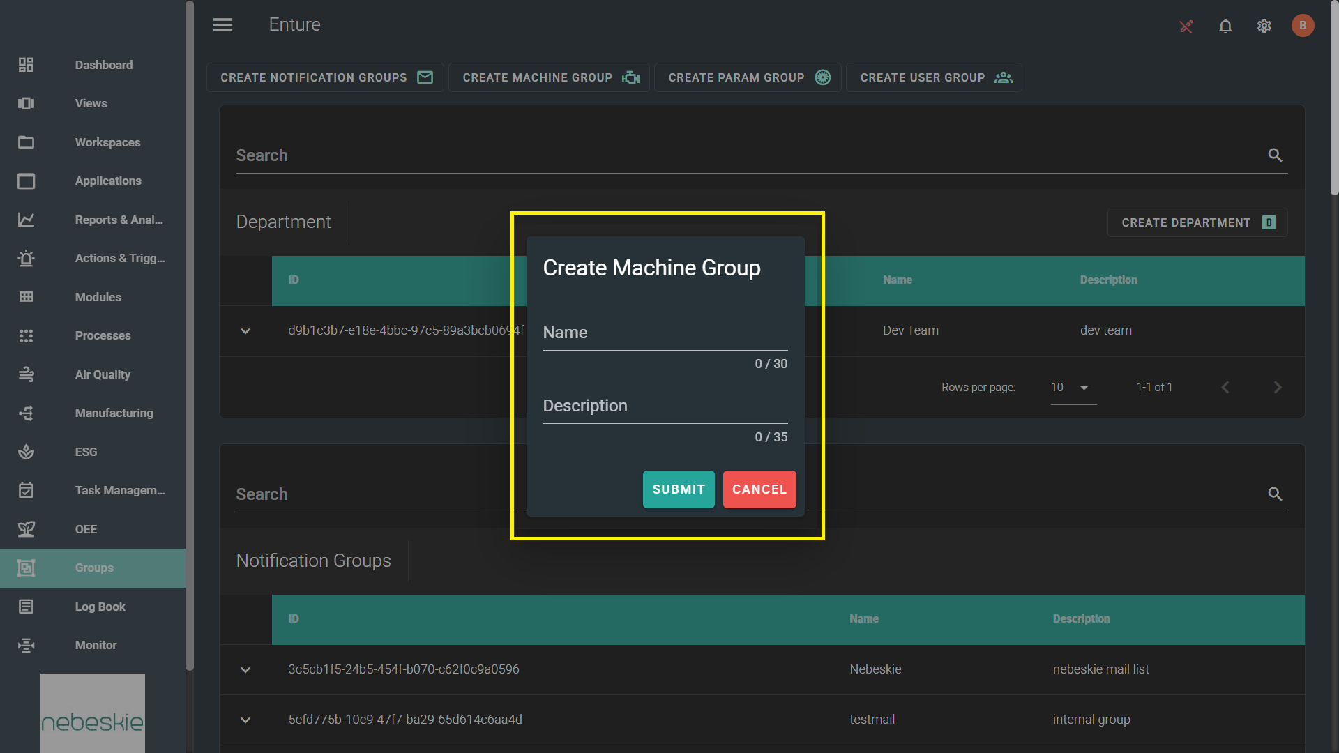 Enter Machine Group Details