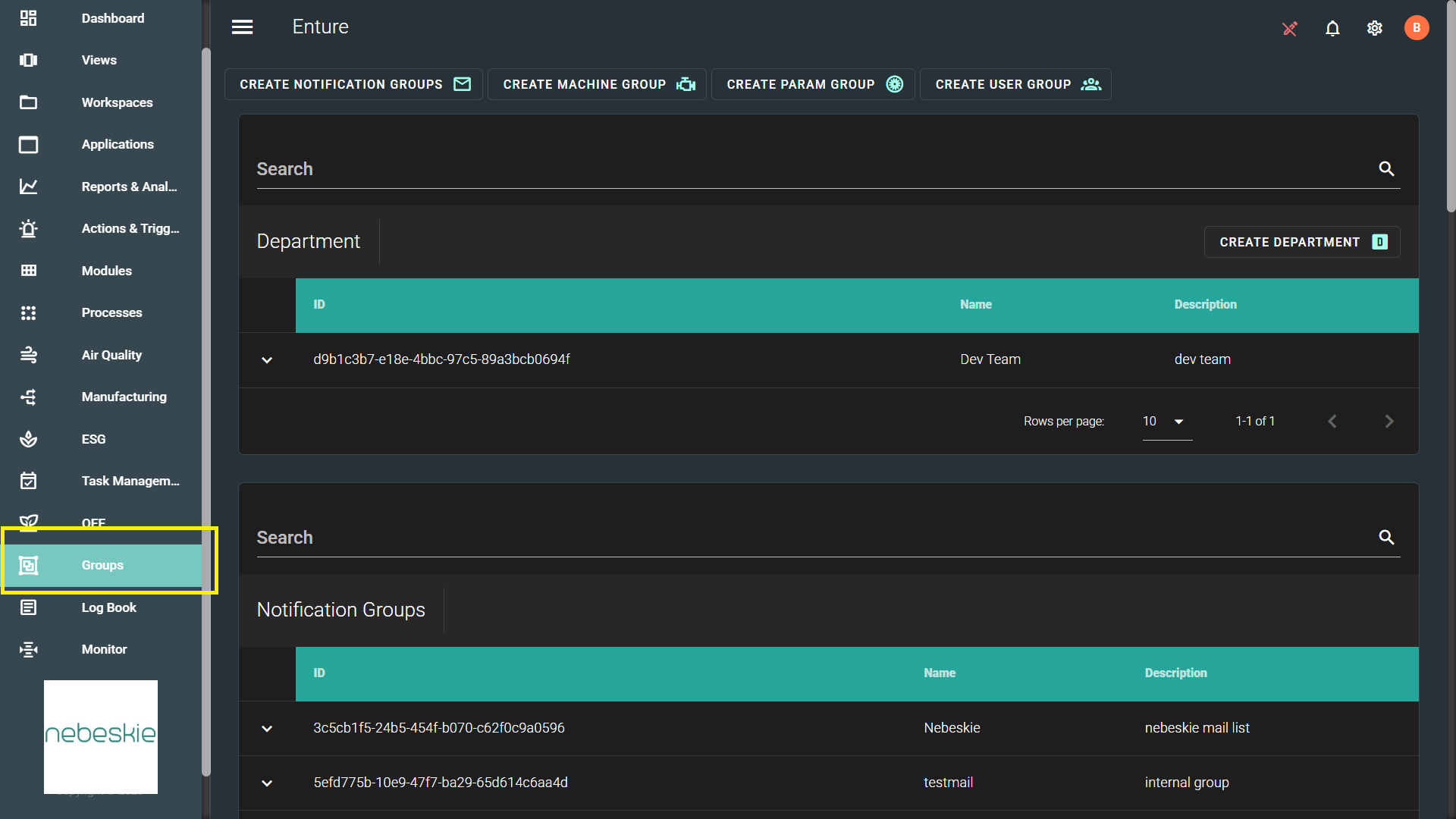 Groups Menu for Machine Group